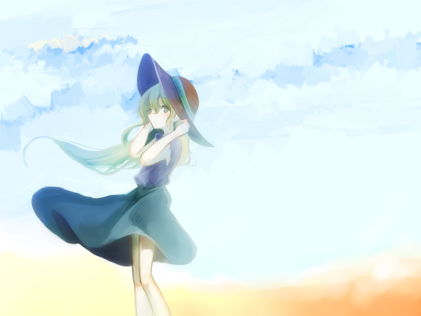 dress green_eyes green_hair hands_on_headwear hat highres komeiji_koishi long_hair looking_at_viewer seaminato simple_background sky smile solo standing sun_hat touhou wind