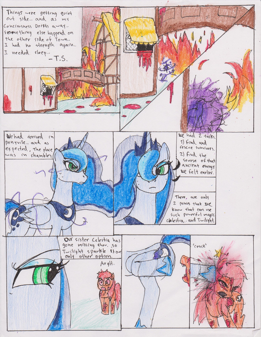 blue_fur blue_hair building chaostone choastone comic crown cutie_mark dialog duo english_text equine female feral fire flames friendship_is_magic fur glowing green_eyes hair horn horse long_hair looking_back mammal multi-colored_hair my_little_pony open_mouth outside plain_background pony princess_luna_(mlp) red_eyes royalty teeth text tongue undead winged_unicorn wings zombie