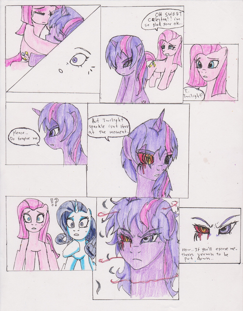 ? blood blue_eyes chaostone choastone comic cutie_mark dialog english_text equine eyes_closed facial_markings female feral friendship_is_magic frown fur group hair horn horse long_hair looking_at_viewer magic mammal markings multi-colored_hair my_little_pony open_mouth pink_fur pink_hair pinkamena_(mlp) pinkie_pie_(mlp) plain_background pony purple_eyes purple_fur purple_hair rarity_(mlp) red_eyes shocked smile teeth text twilight_sparkle_(mlp) unicorn white_fur