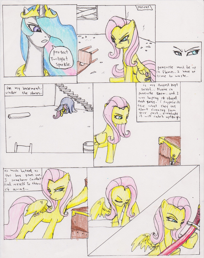 chair chaostone chest choastone comic crown crying cutie_mark dialog english_text equine eyes_closed female feral fluttershy_(mlp) friendship_is_magic frown fur hair horn horse lock long_hair looking_back mammal multi-colored_hair my_little_pony open_mouth pegasus pink_hair pony princess princess_celestia_(mlp) purple_eyes royalty sitting standing storage_box sword tears teeth text weapon white_fur winged_unicorn wings yellow_fur