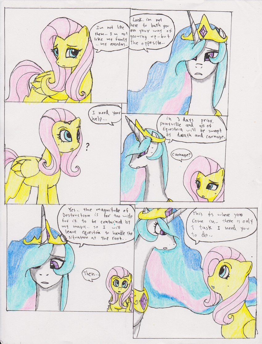 blue_eyes chaostone choastone comic crown cutie_mark dialog duo english_text equine female feral fluttershy_(mlp) friendship_is_magic frown fur hair horn horse long_hair mammal multi-colored_hair my_little_pony open_mouth pegasus pink_hair plain_background pony princess_celestia_(mlp) purple_eyes royalty text white_fur winged_unicorn wings yellow_fur