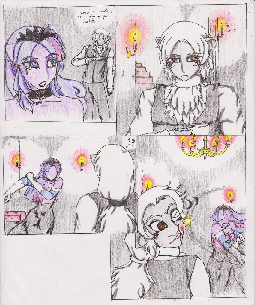 chaostone choastone clothed clothing comic crown crying cutie_mark dialog duo elbow_gloves english_text female fire flames friendship_is_magic gloves hair human long_hair looking_at_viewer looking_back male mammal multi-colored_hair my_little_pony open_mouth red_eyes shirt slap stairs tears teeth text twilight_sparkle_(mlp)