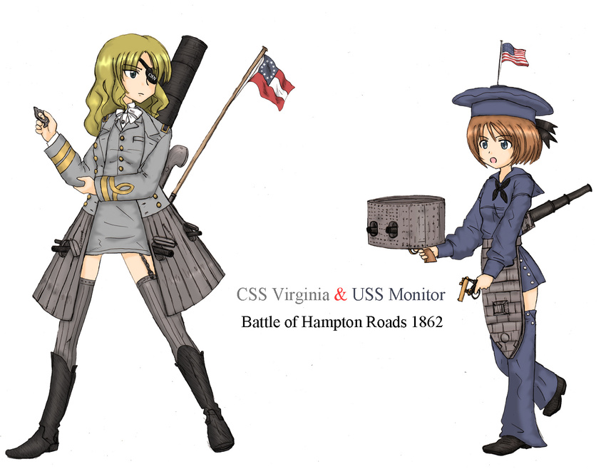 american_civil_war american_flag boots chain confederate_flag css_virginia ernest eyepatch garter_straps gun hat highres historical_event military military_uniform multiple_girls original personification smokestack thighhighs uniform us_navy uss_monitor weapon