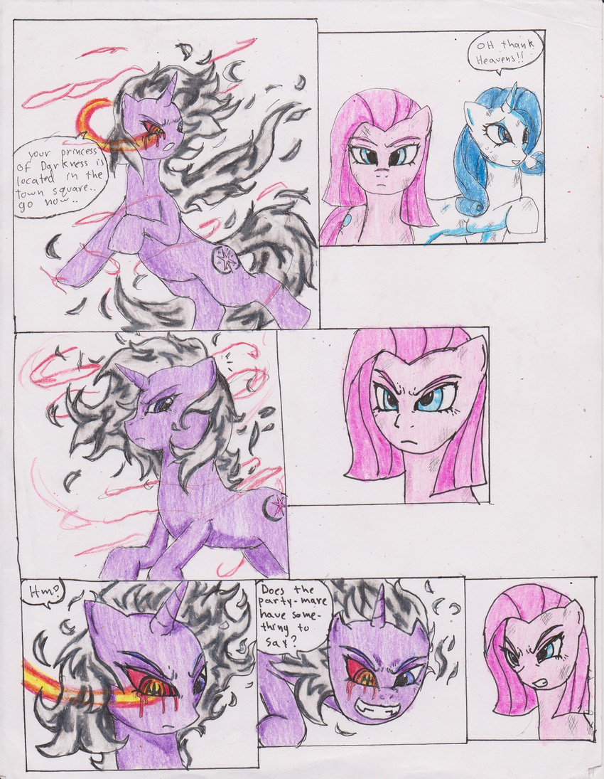 blood blue_eyes blue_hair chaostone comic cutie_mark dialog english_text equine female feral fire flying friendship_is_magic frown fur group hair horn horse long_hair looking_at_viewer looking_back magic mammal my_little_pony open_mouth pink_fur pink_hair pinkamena_(mlp) pinkie_pie_(mlp) plain_background pony purple_eyes purple_fur purple_hair rarity_(mlp) red_eyes sharp_teeth smile teeth text unicorn white_fur