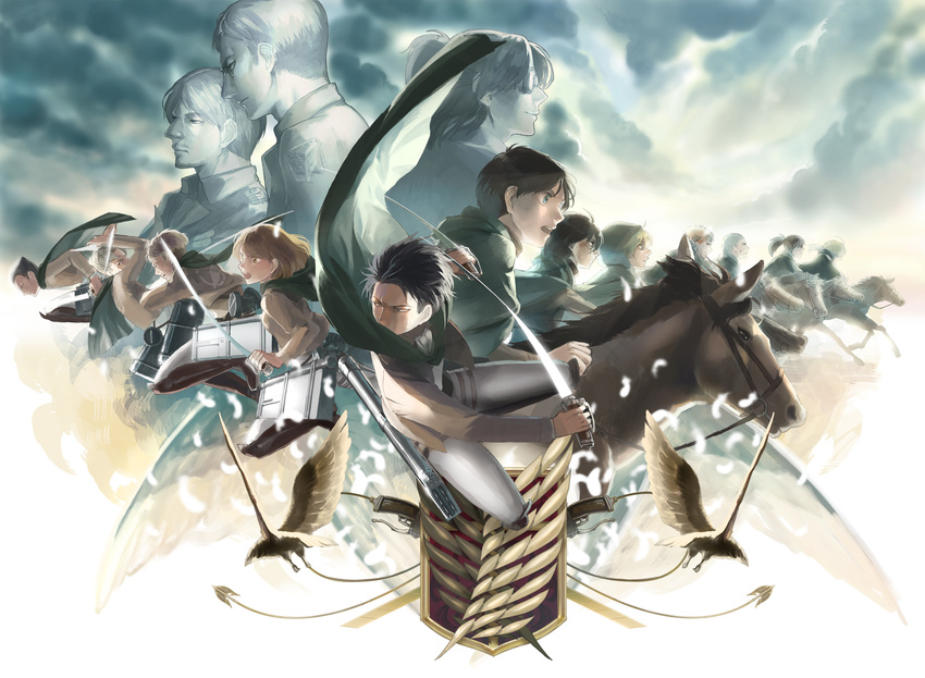 6+boys armin_arlert auruo_bossard bad_id bad_pixiv_id cape christa_renz connie_springer emblem erd_gin eren_yeager erwin_smith gunter_shulz hange_zoe highres horse jacket jean_kirchstein levi_(shingeki_no_kyojin) mikasa_ackerman mike_zakarius multiple_boys multiple_girls onakasuita paradis_military_uniform petra_ral sasha_braus shingeki_no_kyojin survey_corps_(emblem) sword three-dimensional_maneuver_gear weapon