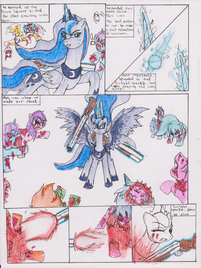 blue_eyes blue_fur blue_hair chaostone choastone comic crown cutie_mark dialog english_text equine fangs female feral flames friendship_is_magic frown fur glowing group gun hair horn horse long_hair magic mammal missing_limbs multi-colored_hair my_little_pony one_eye_closed open_mouth pegasus pony princess_luna_(mlp) ranged_weapon red_eyes royalty shotgun teeth text tongue undead unicorn weapon winged_unicorn wings zombie