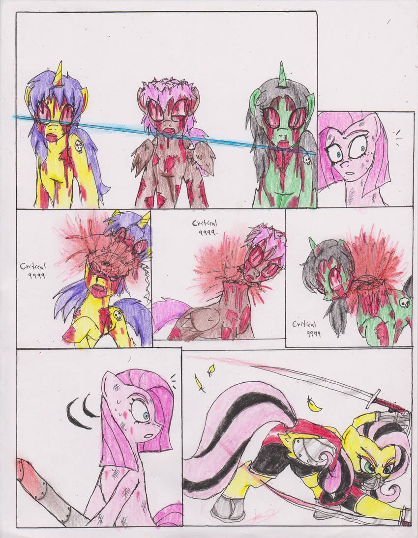 blood blue_eyes chaostone choastone clothing comic cutie_mark decapitation dialog drainpipe english_text equine eyes_closed female feral fluttershy_(mlp) friendship_is_magic frown fur gore hair horn horse long_hair looking_back mammal mask my_little_pony open_mouth outside pegasus pink_hair pinkamena_(mlp) pinkie_pie_(mlp) plain_background pony red_eyes shocked sword teeth text tongue two_tone_hair unicorn weapon wings