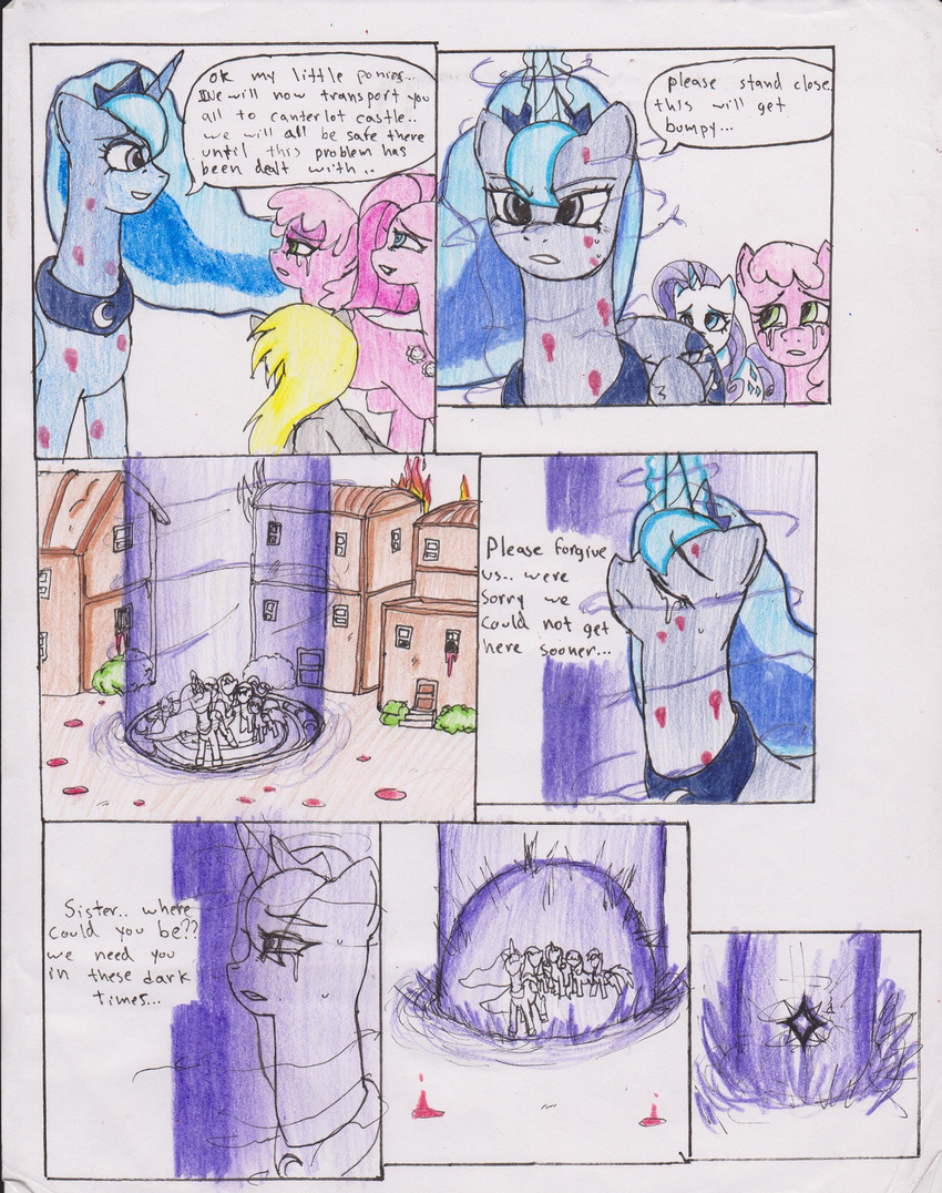 blue_eyes blue_hair chaostone choastone comic crown derpy_hooves_(mlp) dialog english_text equine eyes_closed female feral friendship_is_magic frown fur glowing grey_fur group hair horn horse long_hair magic mammal my_little_pony open_mouth pegasus pink_hair pinkamena_(mlp) pinkie_pie_(mlp) plain_background pony princess_luna_(mlp) royalty scootaloo_(mlp) shocked smile teeth text unicorn white_fur winged_unicorn wings