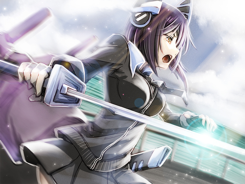 cloud fingerless_gloves gloves headgear kantai_collection necktie open_mouth purple_hair school_uniform short_hair skirt solo sword tenryuu_(kantai_collection) uraomote weapon yellow_eyes