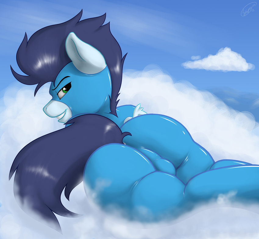 balls blue_hair bodysuit butt clothing cloud equine friendship_is_magic green_eyes hair hi_res horse looking_at_viewer looking_back lying male mammal my_little_pony on_front outside pegasus pose rubber seductive shiny skinsuit skipsy sky smile soarin_(mlp) solo suit teeth tight_clothing wings wonderbolts_(mlp)