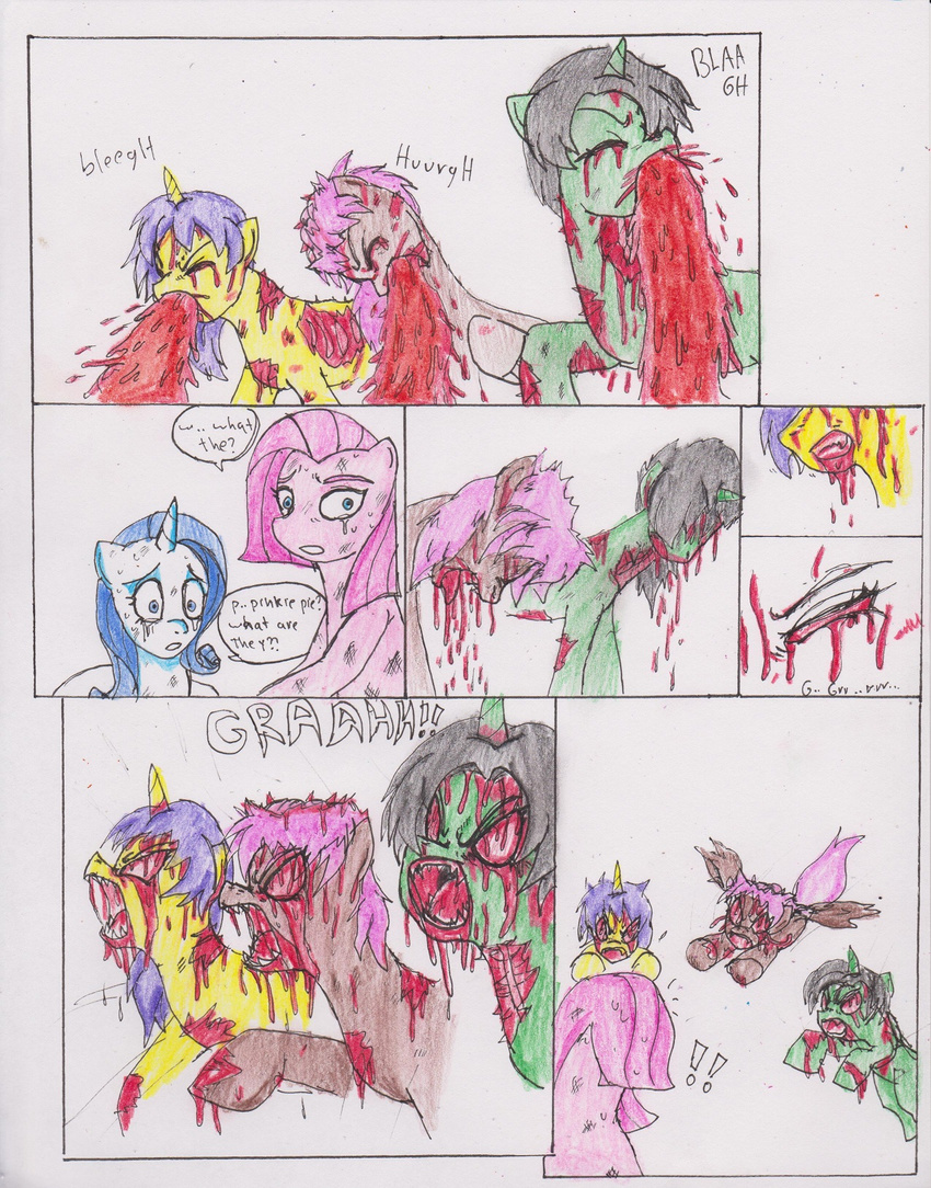 ? black_hair blood blue_eyes brown_fur chaostone choastone comic crying dialog english_text equine eyes_closed fangs female feral friendship_is_magic frown fur gore green_fur group hair horn horse long_hair looking_at_viewer mammal my_little_pony open_mouth outside pegasus pink_fur pink_hair pinkamena_(mlp) pinkie_pie_(mlp) plain_background pony purple_hair rarity_(mlp) red_eyes shocke shocked tears teeth text tongue unicorn vomit white_background white_fur wings yellow_fur