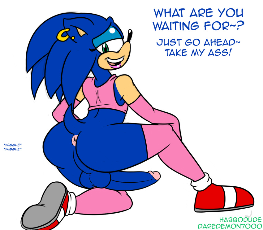 anus balls blue_hair butt daredemon7000 ear_piercing english_text erection girly green_eyes habbodude hair hedgehog inviting looking_at_viewer looking_back male mammal penis piercing seductive sega smile solo sonic_(series) sonic_the_hedgehog text