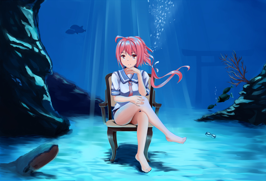 ahoge armchair barefoot blush bubble chair crossed_legs dominico fish hair_ribbon i-168_(kantai_collection) kantai_collection light_rays long_hair looking_at_viewer one-piece_swimsuit ponytail red_eyes red_hair ribbon school_swimsuit school_uniform serafuku sitting solo sunbeam sunlight swimsuit swimsuit_under_clothes torii underwater wet wet_clothes