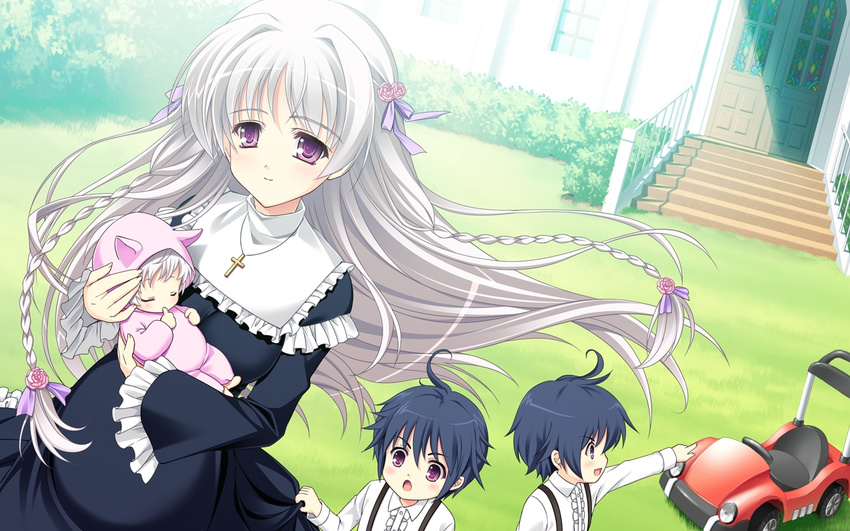 1girl 2boys ankoromochi baby blue_hair braid braids cross game_cg jewelry long_hair multiple_boys necklace nun pregnant purple_eyes shitsuji_ga_aruji_wo_erabu_toki short_hair siblings stairs twin_braids twins veronica_rubenstadt white_hair