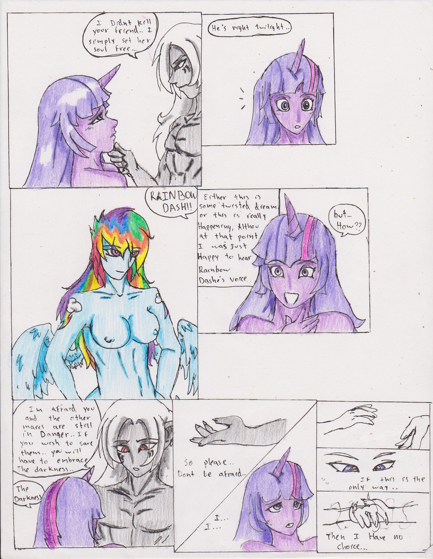 anthro anthrofied biceps blue_skin breasts chaostone claws comic cutie_mark dialog ear_piercing english_text equine facial_markings female friendship_is_magic grey_skin group hair horn horse hude human long_hair looking_at_viewer male mammal markings multi-colored_hair muscles my_little_pony nipples nude open_mouth pegasus piercing pony purple_eyes purple_hair purple_skin rainbow_dash_(mlp) rainbow_hair red_eyes shocked smile teeth text twilight_sparkle_(mlp) unicorn wings