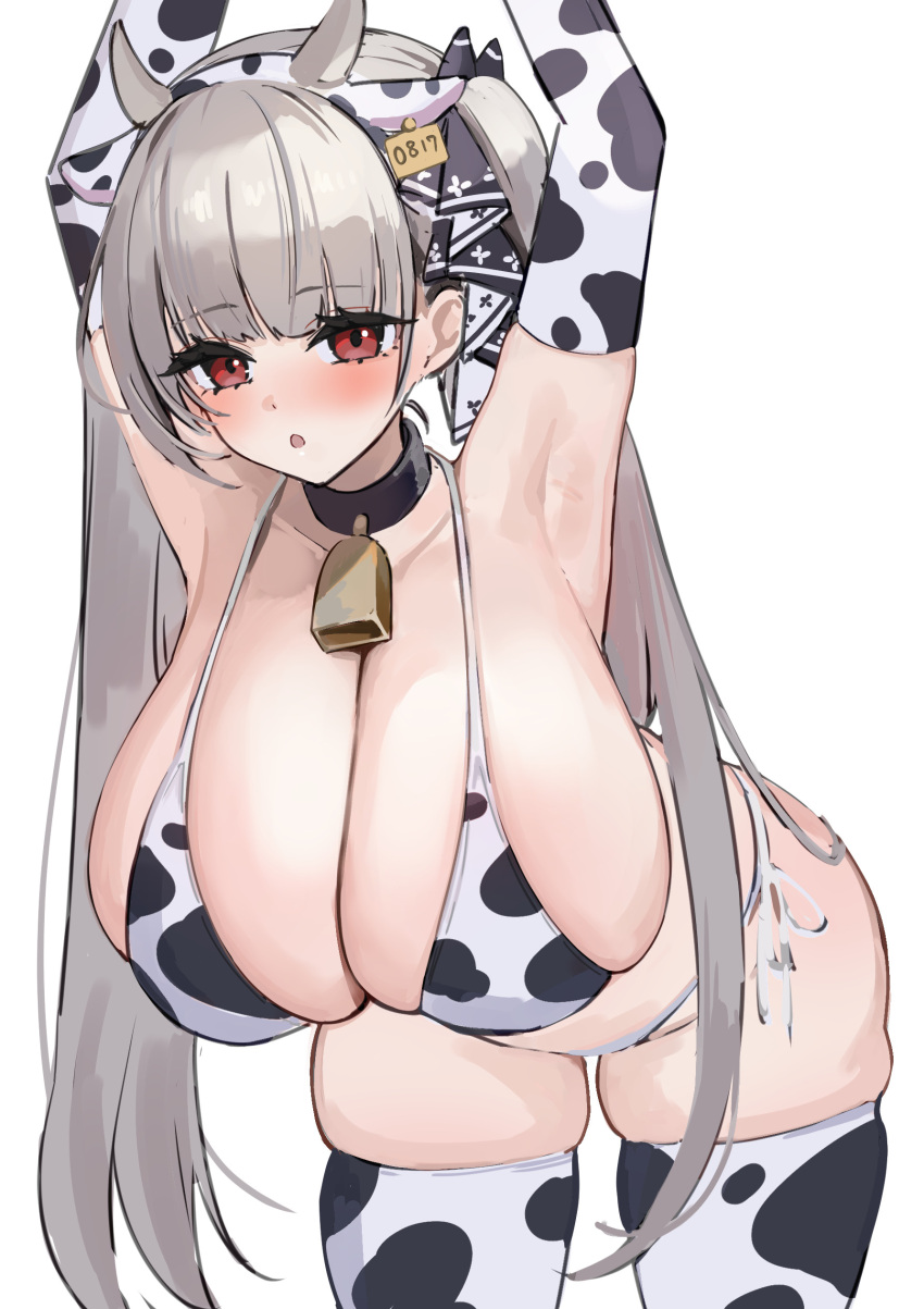 1girl absurdres alternate_costume animal_ears animal_print armpits arms_up azur_lane bare_shoulders bikini blush breasts cleavage commentary_request cow_ears cow_horns cow_print cow_print_bikini elbow_gloves formidable_(azur_lane) gloves grey_hair hair_ribbon highres horns huge_breasts long_hair looking_at_viewer marumai open_mouth print_bikini red_eyes ribbon sideboob solo swimsuit thighhighs thighs twintails two-tone_ribbon very_long_hair white_bikini white_gloves white_thighhighs