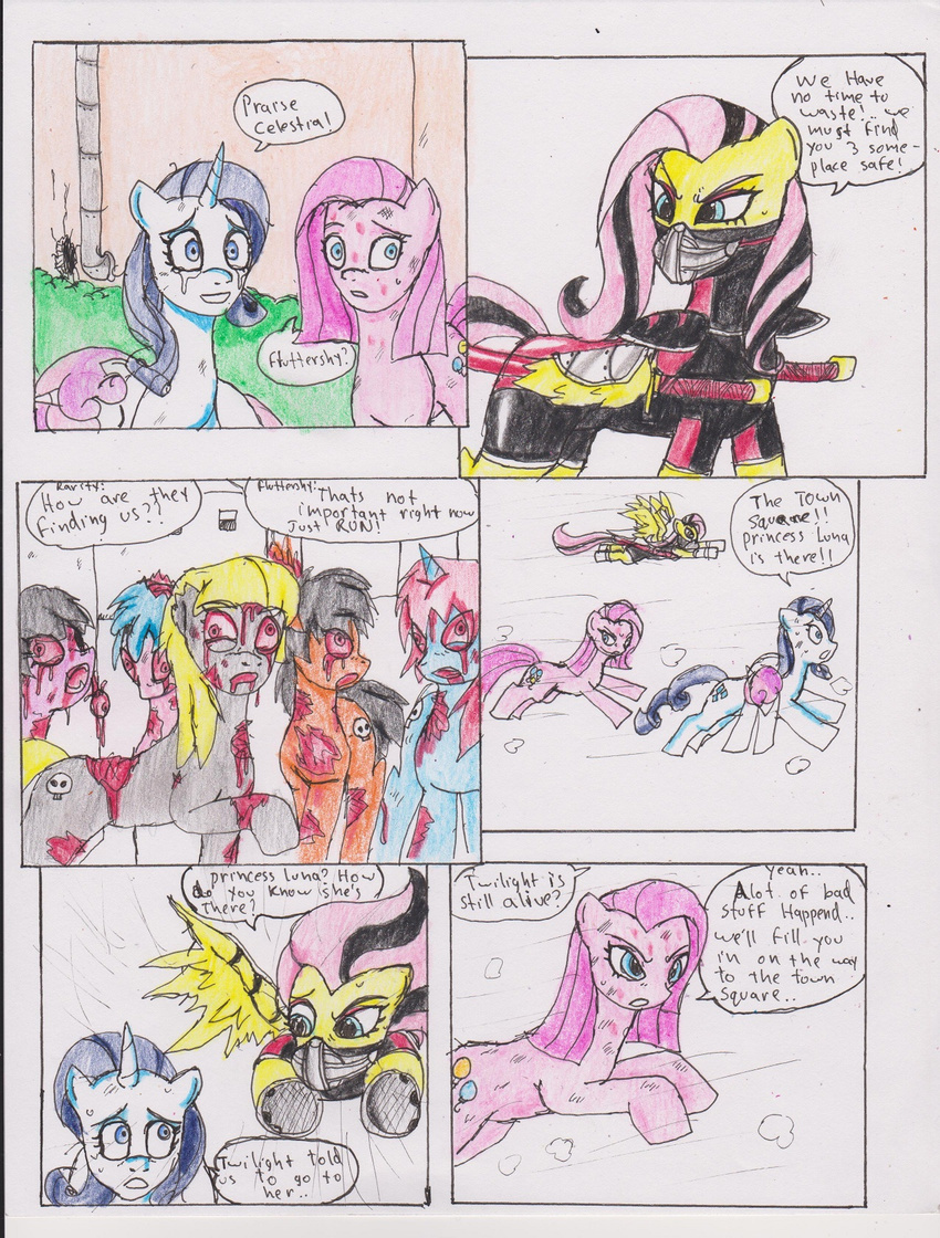 blue_eyes chaostone choastone comic cracks creepy crying dialog english_text equine female feral fluttershy_(mlp) friendship_is_magic frown fur group hair hole horn horse long_hair looking_back mammal my_little_pony open_mouth outside pegasus pink_hair pinkamena_(mlp) pinkie_pie_(mlp) plain_background pony rarity_(mlp) red_eyes smile sword tears teeth text tongue two_tone_hair undead unicorn weapon wings zombie