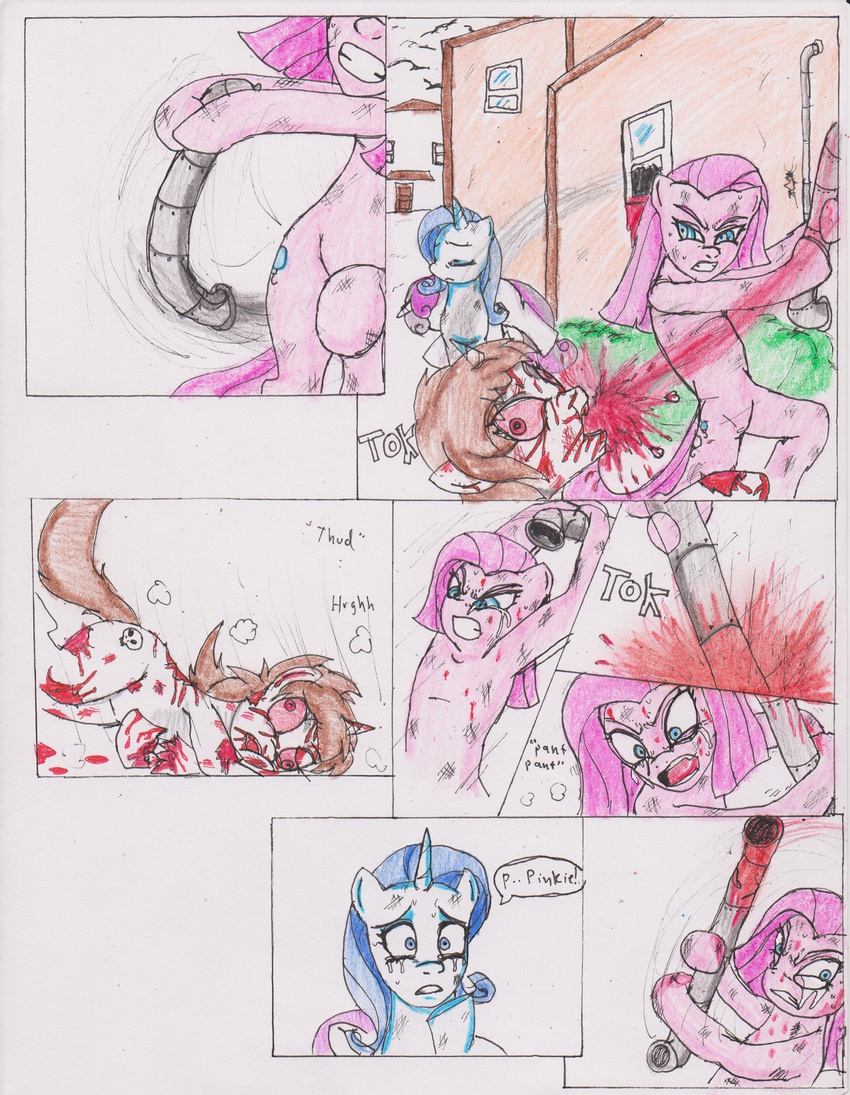 blue_eyes brown_hair bushes chaostone choastone comic crying cutie_mark dialog drainpipe english_text equine eyes_closed female feral friendship_is_magic frown fur gore group hair horn horse long_hair looking_at_viewer mammal my_little_pony open_mouth outside pink_fur pink_hair pinkamena_(mlp) pinkie_pie_(mlp) pipe plain_background pony purple_hair rarity_(mlp) red_eyes shocked sweetie_belle_(mlp) tears teeth text tongue two_tone_hair undead unicorn weapon white_fur window zombie