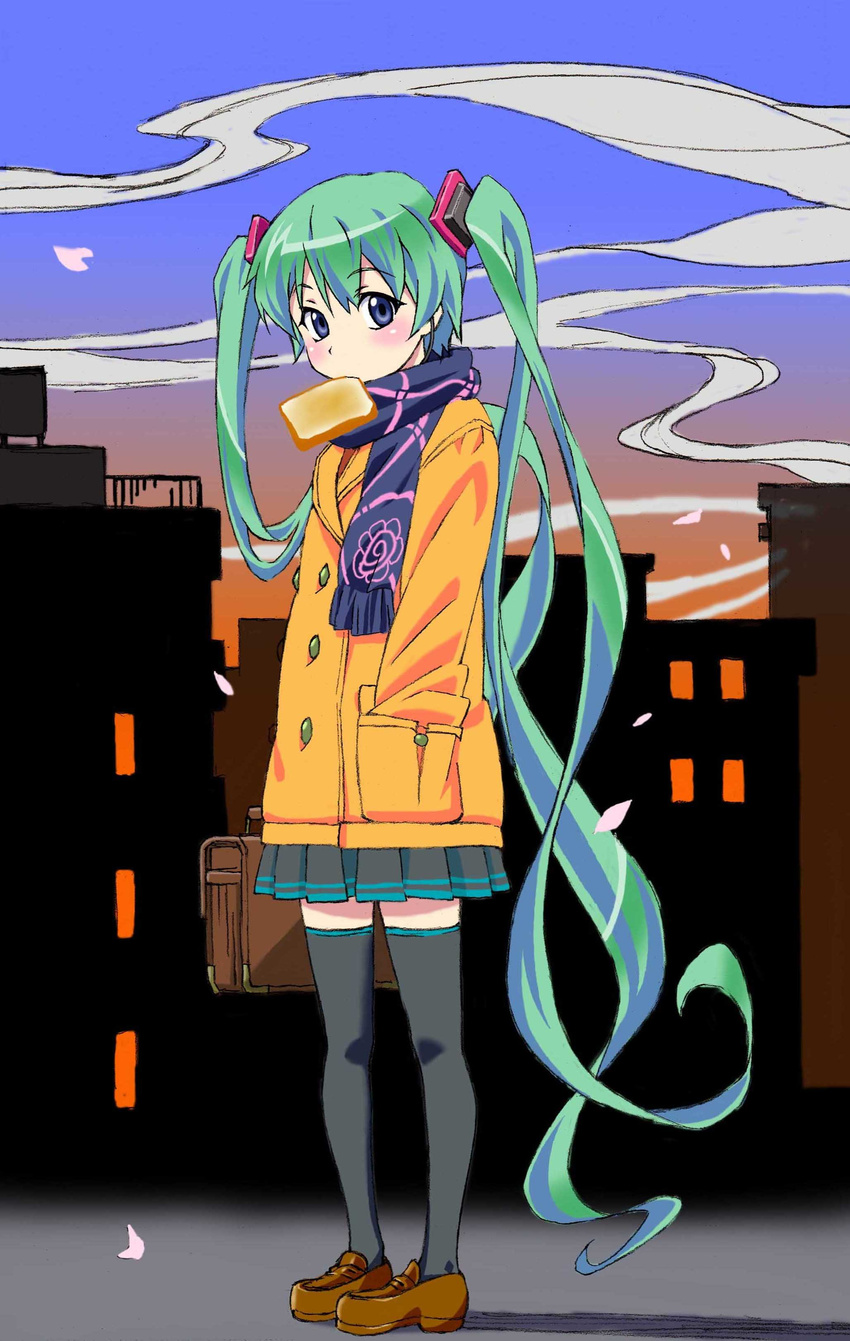 absurdres blue_eyes briefcase coat food food_in_mouth green_hair hand_in_pocket hatsune_miku highres kurai_nao long_hair looking_at_viewer mouth_hold scarf skirt solo thighhighs toast toast_in_mouth twintails very_long_hair vocaloid