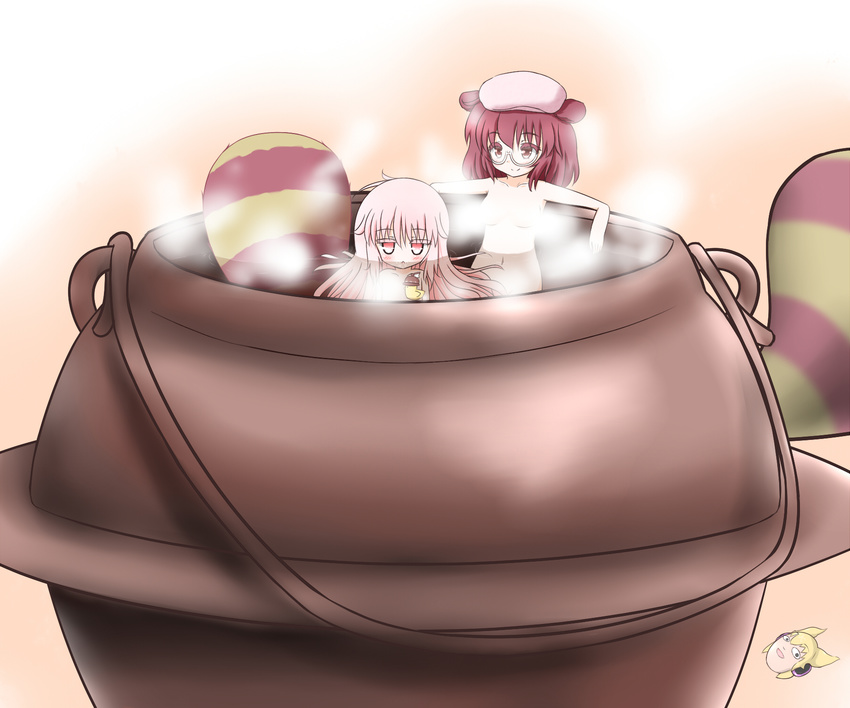 animal_ears bathing brown_eyes brown_hair expressionless futatsuiwa_mamizou glasses hata_no_kokoro highres kettle mofu_mofu multiple_girls mystia_lorelei mystia_lorelei_(bird) new_mask_of_hope oversized_object pink_eyes pink_hair raccoon_ears raccoon_tail rubber_duck semi-rimless_eyewear steam tail touhou towel towel_on_head under-rim_eyewear