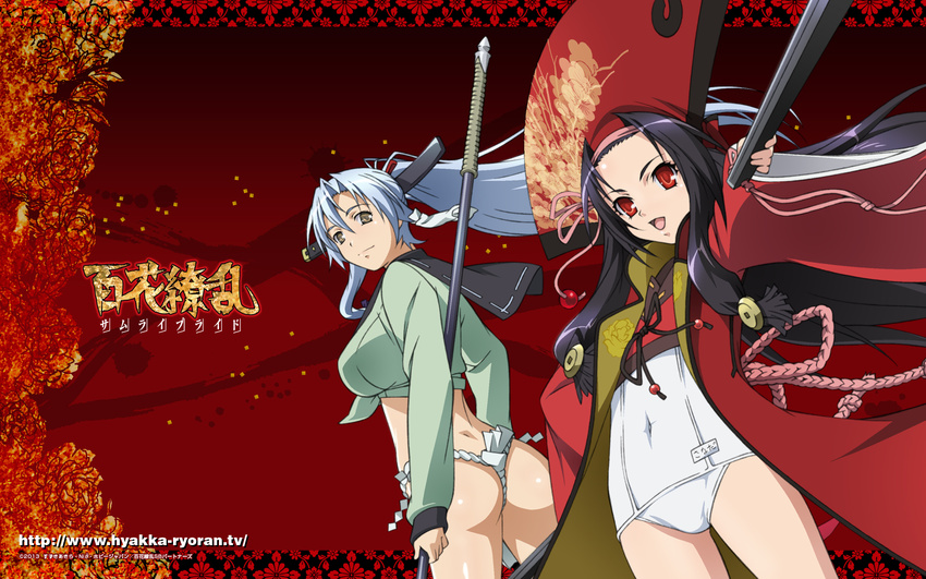 2girls ass fan gotou_matabei gotou_matabei_(hyakka_ryouran) gotou_mototsugu hyakka_ryouran_samurai_girls long_hair multiple_girls red_eyes sanada_yukimura sanada_yukimura_(hyakka_ryouran) wallpaper