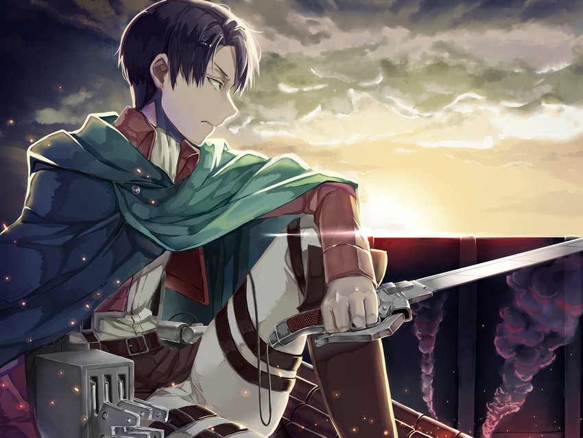 akami_fumio bad_id bad_pixiv_id black_hair cape cloud highres jacket levi_(shingeki_no_kyojin) paradis_military_uniform shingeki_no_kyojin sky sunset sword three-dimensional_maneuver_gear uniform weapon