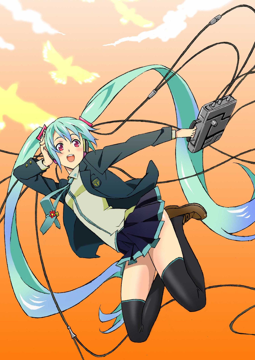 absurdres aqua_hair bad_id bad_pixiv_id blazer briefcase hatsune_miku headphones highres jacket jumping kurai_nao long_hair necktie open_mouth red_eyes skirt solo thighhighs twintails very_long_hair vocaloid