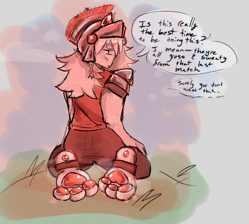 3_toes accessory ambiguous_gender armor barefoot blush bodily_fluids bottomwear braided_hair butt clothed clothing dialogue digital_media_(artwork) embarrassed english_text facial_scar feet flustered foot_focus hair hair_accessory hair_ribbon headgear heart_pawpads hi_res horn horned_humanoid humanoid inphernal knight_helmet long_hair looking_at_viewer looking_back metal_headgear musk musky_feet nervous nervous_look open_mouth outside pawpads paws ribbons scar shy simple_background sitting sitting_on_ground sketch sketch_background solo speech_bubble stirrup_legwear stirrups sweat sweaty_feet sweaty_paws sword_(phighting) talking_to_viewer text toes white_body zane1216704