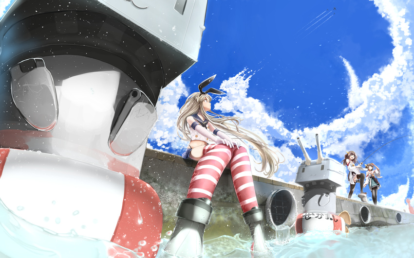 aircraft airplane bare_shoulders blonde_hair blue_eyes brown_hair cloud condensation_trail crop_top day detached_sleeves elbow_gloves fishing_rod gloves hairband headgear hiei_(kantai_collection) highres innertube japanese_clothes kantai_collection kongou_(kantai_collection) long_hair midriff multiple_girls open_mouth outdoors pen_(pixiv257621) rensouhou-chan shimakaze_(kantai_collection) short_hair sitting sky smile soaking_feet striped striped_legwear thighhighs water wide_sleeves
