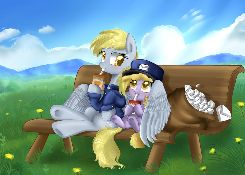 bag bench blonde_hair blush child clothing coat cub cutie_mark daughter derpy_hooves_(mlp) dinky_hooves_(mlp) duo equine female feral flower friendship_is_magic fur grass grey_fur hair hat horn juice_box letter letters long_hair mail mammal mother my_little_pony outside parent parent_and_child pegasus pridark sitting sky smile straw unicorn wings yellow_eyes young