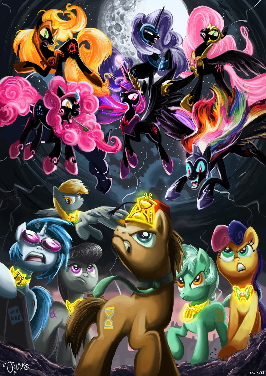 applejack_(mlp) armor blue_eyes blue_hair bonbon_(mlp) crown cutie_mark derp_eyes derpy_hooves_(mlp) doctor_whooves_(mlp) dragon equine eyeshadow eyewear female fluttershy_(mlp) flying friendship_is_magic glasses glowing gold green_eyes group hair hat helmet horn horse jowybean lightning lyra_(mlp) lyra_heartstrings_(mlp) makeup male mammal moon multi-colored_hair my_little_pony necklace necktie night octavia_(mlp) party_horn pegasus pink_hair pinkie_pie_(mlp) pony purple_eyes purple_hair rainbow_dash_(mlp) rainbow_hair rarity_(mlp) red_eyes spike_(mlp) standing stars sunglasses twilight_sparkle_(mlp) two_tone_hair unicorn vinyl_scratch_(mlp) winged_unicorn wings yellow_eyes