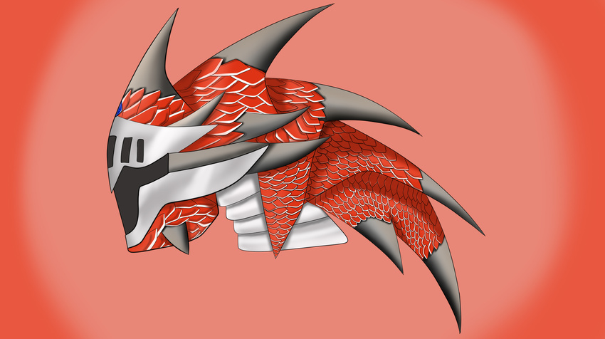 ambiguous_gender armor gradient_background healmet helmet horn hunter monster monster_hunter plain_background rathalos red_background red_scales scales simple_background video_games