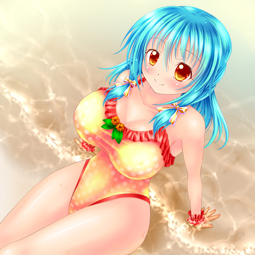 arm_support blue_hair breasts casual_one-piece_swimsuit highres kogarashi_(wind_of_winter) large_breasts one-piece_swimsuit orange_eyes original short_hair solo swimsuit