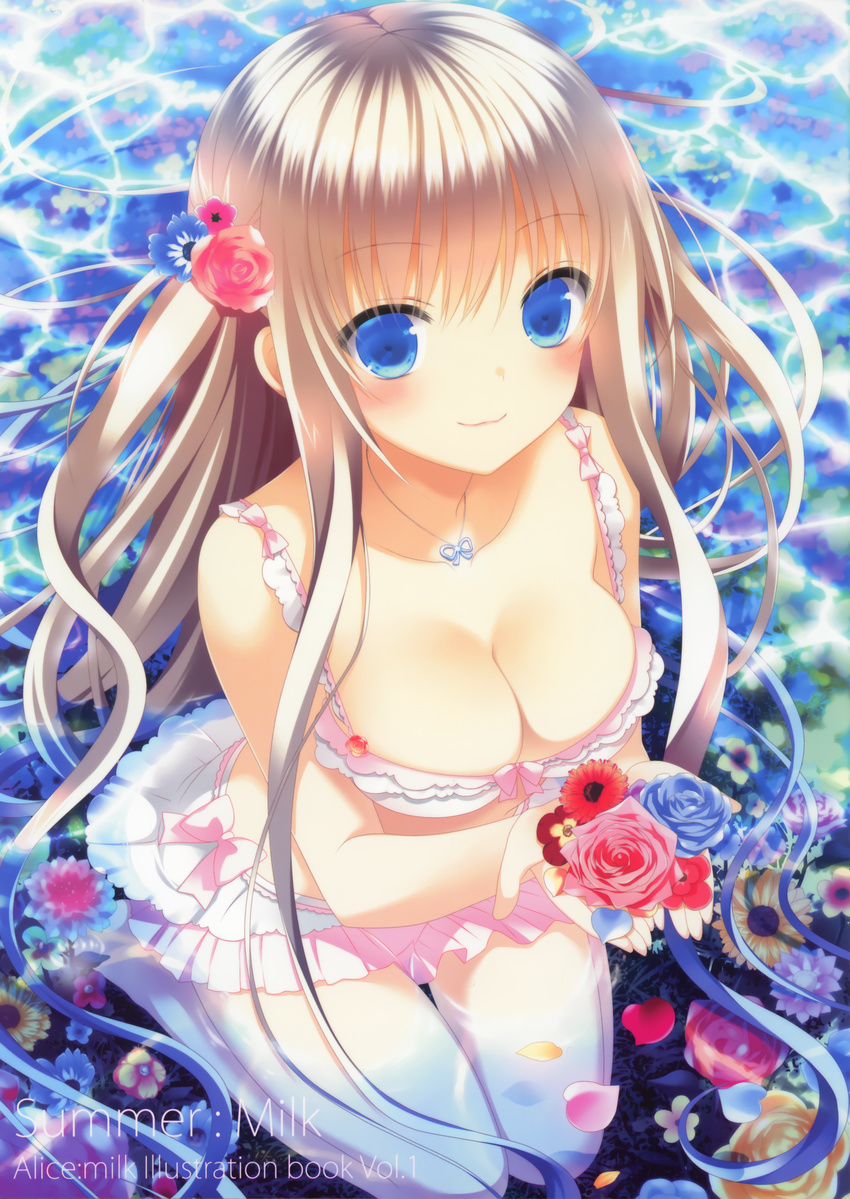 absurdres afloat bikini blonde_hair blue_eyes blue_flower blue_rose blush breasts cleavage flower frilled_bikini frills hair_flower hair_ornament highres holding jewelry long_hair looking_at_viewer makita_maki medium_breasts necklace original partially_submerged petals pink_flower pink_rose rose seiza sitting smile solo strap_gap swimsuit thigh_gap very_long_hair water white_bikini