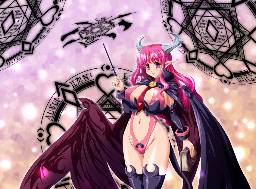 1girl black_legwear black_thighhighs black_wings book breasts cape covered_nipples curvy demon_girl demon_tail demon_wings detached_sleeves disgaea erect_nipples female highleg highres horns huge_breasts long_hair magic_circle mound_of_venus navel nippon_ichi pink_eyes pink_hair pointy_ears raochuu solo standing succubus succubus_(disgaea) tail thighhighs wand wings