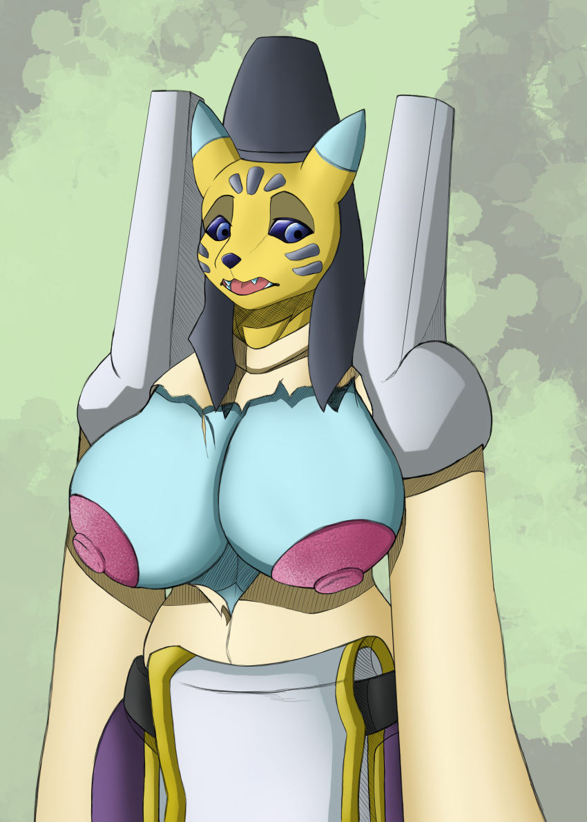 absurd_res anthro armor bandai_namco big_breasts biped blue_eyes breasts clothing digimon digimon_(species) fangs female female_anthro fur hat headgear headwear hi_res mammal orange_body orange_fur renamon solo standing taomon teeth un_gato_cualquiera yellow_body