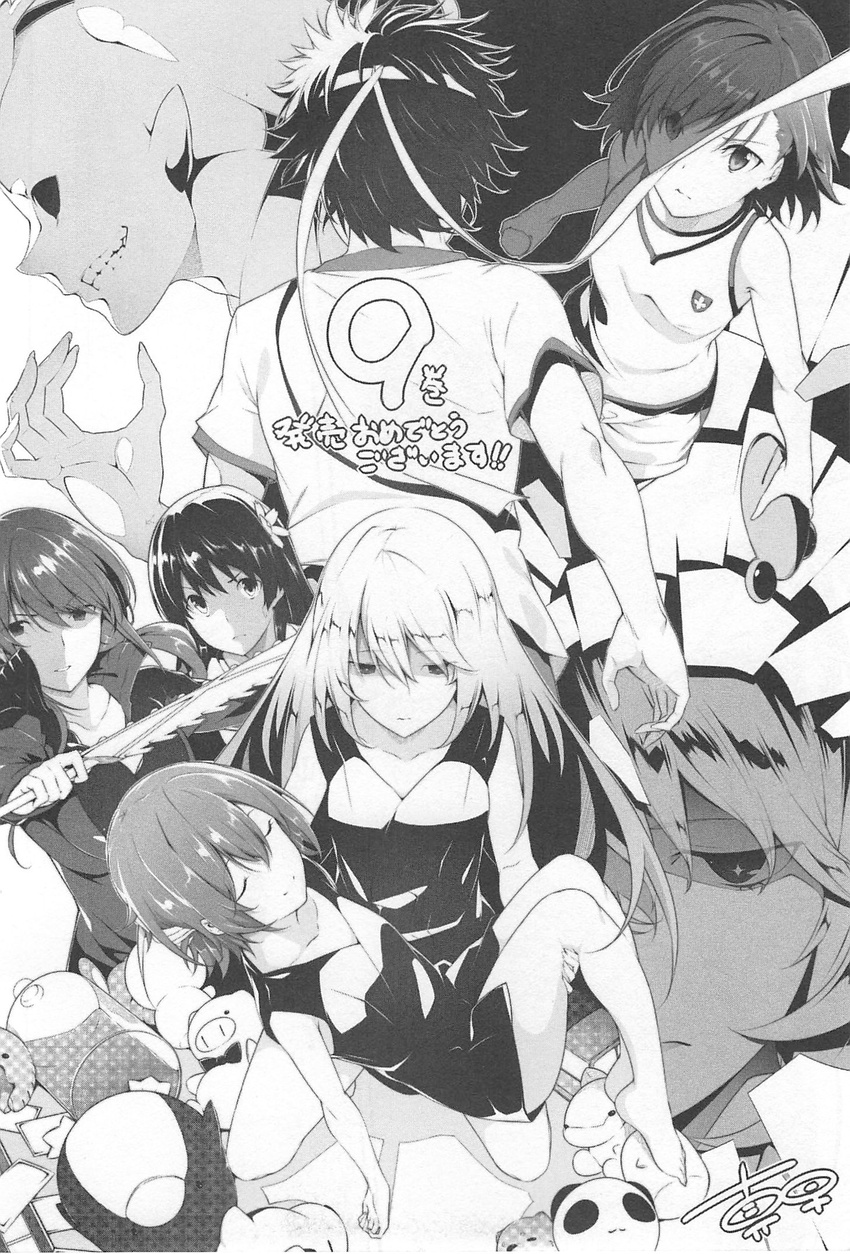 6+girls artist_name closed_eyes dolly_(to_aru_kagaku_no_railgun) gekota greyscale gym_uniform headband highres hospital_gown kamijou_touma kouzaku_mitori long_hair misaka_mikoto monochrome multiple_girls nanao_(mahaya) saten_ruiko shokuhou_misaki shorts signature spiked_hair to_aru_kagaku_no_railgun to_aru_majutsu_no_index weapon xochitl younger