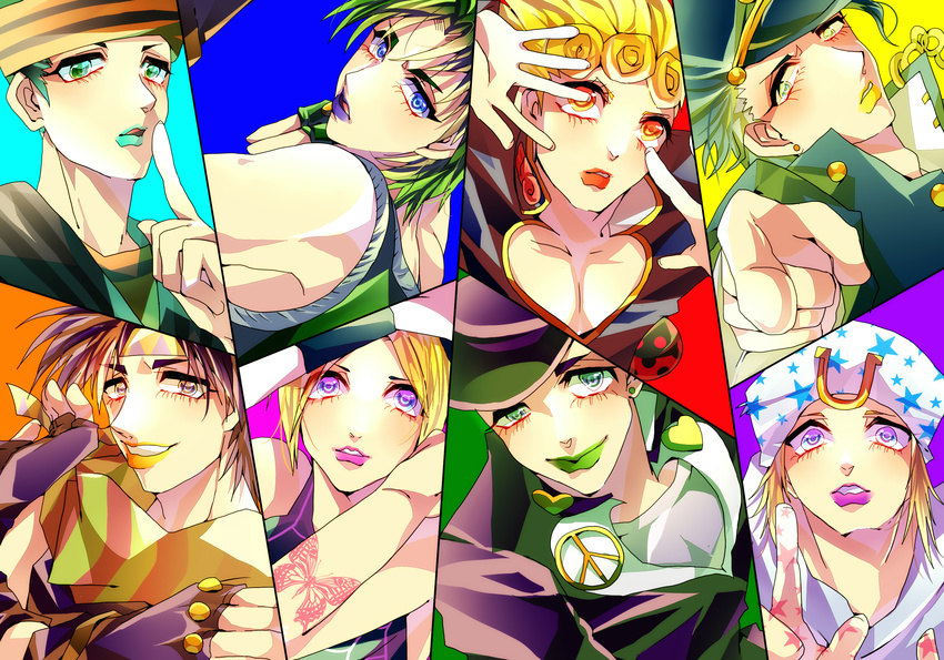 6+boys bad_id bad_pixiv_id family giorno_giovanna hat higashikata_jousuke higashikata_jousuke_(jojolion) highres johnny_joestar jojo_no_kimyou_na_bouken jojolion jonathan_joestar joseph_joestar_(young) kuujou_jolyne kuujou_joutarou lipstick makeup milkamutea051 multiple_boys steel_ball_run