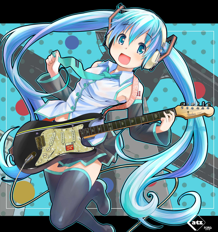 aqua_eyes aqua_hair artist_name black_legwear blouse blush boots detached_sleeves dress_shirt electric_guitar fender guitar hatsune_miku headphones highres holding instrument long_hair looking_at_viewer miniskirt navel necktie open_mouth pleated_skirt retsumaru shirt skirt sleeveless smile solo space_invaders standing standing_on_one_leg stratocaster thigh_boots thighhighs twintails very_long_hair vocaloid zettai_ryouiki