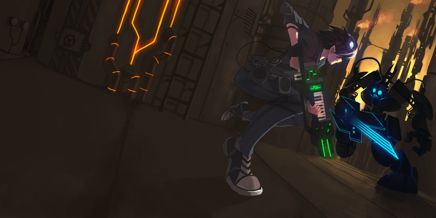 battle blue_eyes brown_hair cable electric_guitar fusion glowing glowing_eyes goggles goggles_on_head guitar gun hair_over_eyes highres instrument keytar mecha neon_trim original robot rtil science_fiction shoes sneakers sword weapon