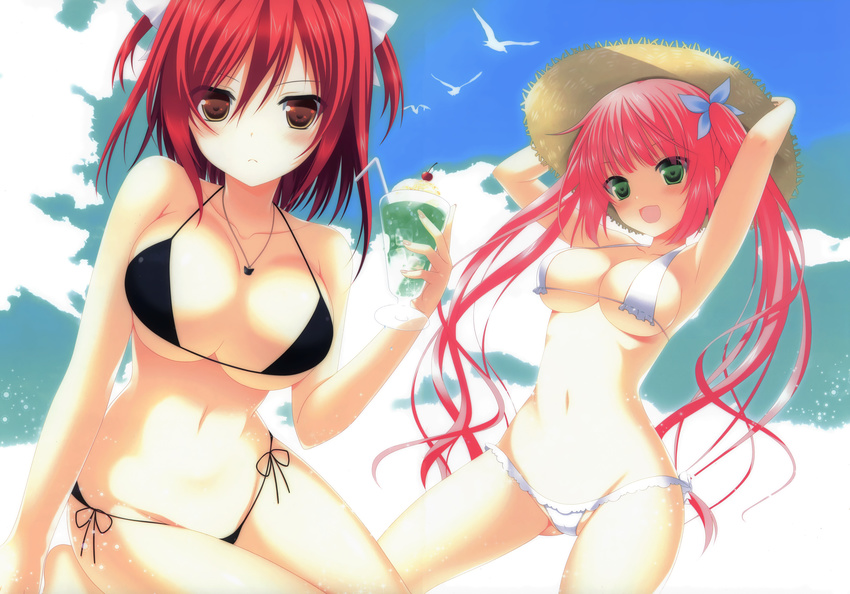 :d absurdres armpits arms_up bikini black_bikini breasts brown_eyes cherry cleavage collarbone day drink food frilled_bikini frills fruit green_eyes hands_on_headwear hat highres jewelry large_breasts long_hair looking_at_viewer makita_maki micro_bikini multiple_girls navel necklace open_mouth original pendant pink_hair red_hair scan side-tie_bikini sky smile strap_gap straw_hat swimsuit twintails two_side_up very_long_hair white_bikini