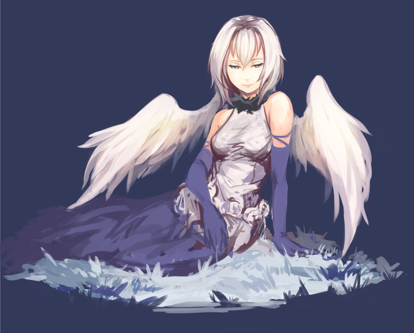 angel_wings anonymous_drawfag bare_shoulders breasts elbow_gloves engi_threepiece feather_boa gloves half-closed_eyes highres long_hair long_skirt lying on_side purple_eyes silver_hair simple_background skirt small_breasts solo wings yumekui_merry