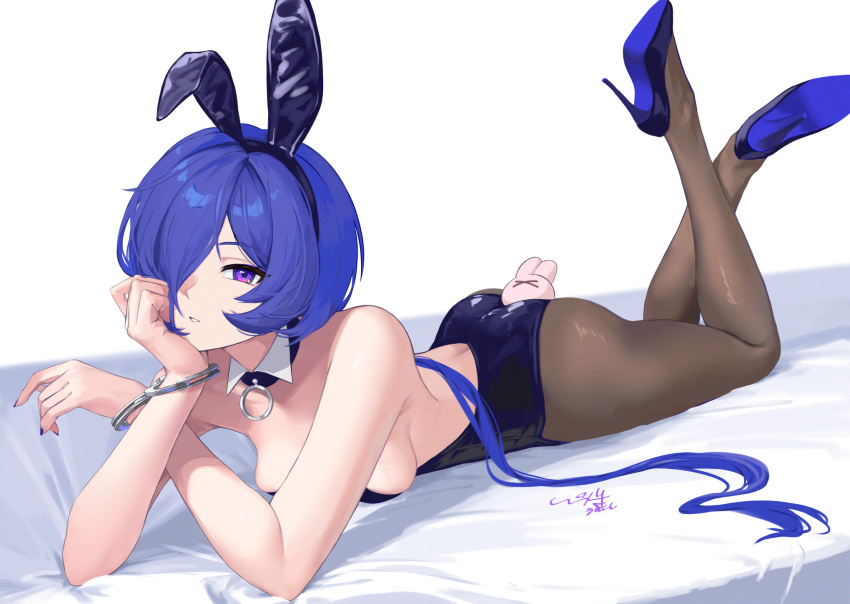 1girl animal_ear_hairband animal_ears black_leotard black_shoes blue_hair breasts commentary_request cuffs detached_collar fake_animal_ears hair_over_one_eye hairband handcuffs head_rest high_heels highres leotard long_hair looking_at_viewer lying medium_breasts on_stomach parted_lips playboy_bunny promeia_(zenless_zone_zero) purple_eyes purple_nails rabbit_ear_hairband rabbit_ears shoe_soles shoes solo strapless strapless_leotard the_pose uixy very_long_hair white_background zenless_zone_zero