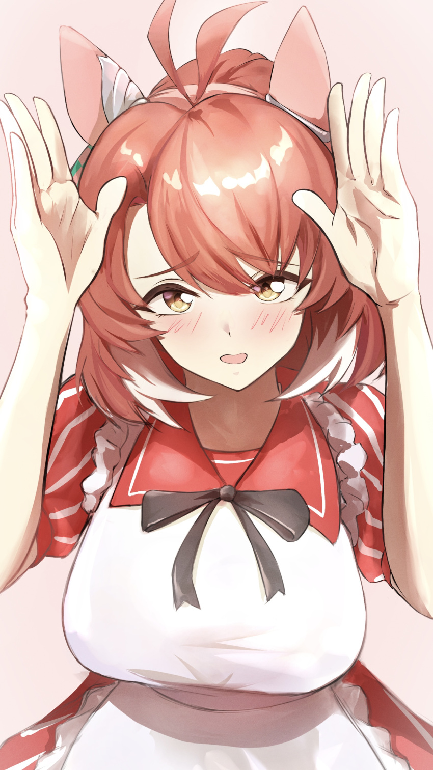 1girl absurdres ahoge animal_ears apron blush breasts brown_eyes brown_hair checkered_ribbon commentary_request dantsu_flame_(umamusume) dress ear_covers employee_uniform fast_food_uniform hair_between_eyes hairband highres horse_ears horse_girl kfc large_breasts looking_at_viewer multicolored_hair official_alternate_costume open_mouth pilinthia pink_hairband red_dress smile solo striped_clothes striped_dress umamusume vertical-striped_clothes vertical-striped_dress white_apron white_hair