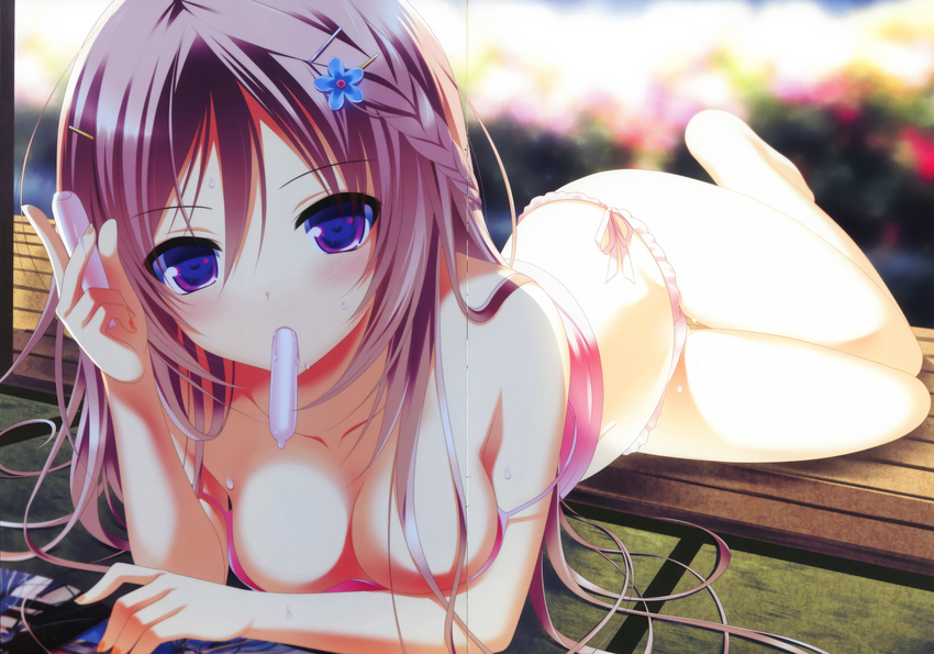 1girl absurdres bare_shoulders barefoot bikini blush braid breasts brown_hair cleavage curvy food hair_ornament hairclip highres hips ice_cream large_breasts legs long_hair looking_at_viewer lying magazine makita_maki nail_polish on_stomach original purple_eyes solo sweat swimsuit tank_top thighs wooden_floor
