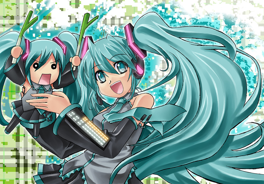 aqua_eyes aqua_hair arms_up carrying chibi detached_sleeves hachune_miku hatsune_miku headset long_hair multiple_girls necktie open_mouth skirt spring_onion twintails very_long_hair vocaloid zero_jager