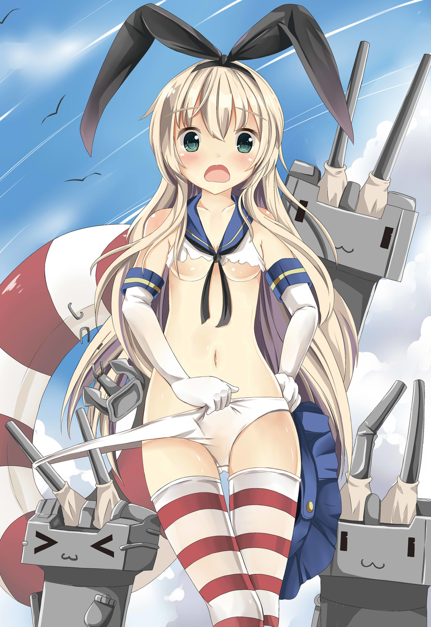 absurdres anchor bad_id bad_pixiv_id blonde_hair bow bow_panties breasts elbow_gloves gloves highres kantai_collection lifebuoy long_hair no_bra panties rensouhou-chan sakuraba_hikaru_(loveindog) shimakaze_(kantai_collection) shirt skirt skirt_removed small_breasts striped striped_legwear thighhighs torn_clothes torn_shirt underboob underwear white_gloves white_panties