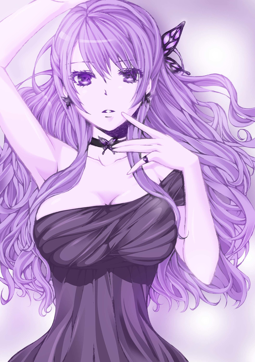absurdres bad_id bad_pixiv_id breasts butterfly_hair_ornament choker colorized hair_ornament highres large_breasts long_hair looking_at_viewer mutou_riu original purple purple_eyes purple_hair solo
