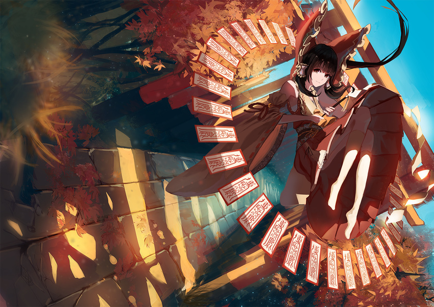 ascot autumn autumn_leaves black_eyes black_hair bow cover cover_page detached_sleeves doujin_cover gohei hair_bow hair_tubes hakurei_reimu hat highres hkj0230 light_smile long_hair multiple_torii no_shoes ofuda solo torii touhou tree wide_sleeves