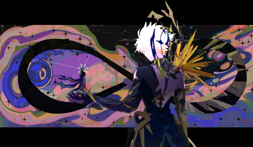 2boys abstract_background amphoreus_(honkai:_star_rail) antenna_hair armor artist_name black_boots black_border black_bridal_gauntlets black_cape black_gloves black_pants black_shirt blue_cape boots border bridal_gauntlets cape coat commentary cowboy_shot cracked_skin dawnmaker_(honkai:_star_rail) dual_persona english_commentary faceless faceless_male facing_away fingerless_gloves floating_cape from_behind from_side full_body gauntlets glitch gloves grey_hair halo halo_behind_head hand_up highres holding holding_sword holding_weapon honkai:_star_rail honkai_(series) infinity_symbol long_sleeves male_focus mini_person miniboy multiple_boys outside_border pale_skin pants pauldrons phainon_(honkai:_star_rail) phainon_(khaslana)_(honkai:_star_rail) shirt short_hair shoulder_armor shoulder_spikes single_gauntlet single_pauldron skirtsan spikes standing sword two-sided_cape two-sided_fabric waist_cape weapon white_coat white_hair yellow_cape yellow_halo